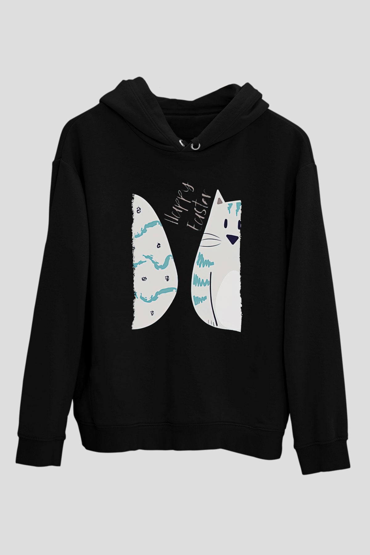 Paskalya Baskılı Unisex Siyah Hoodie