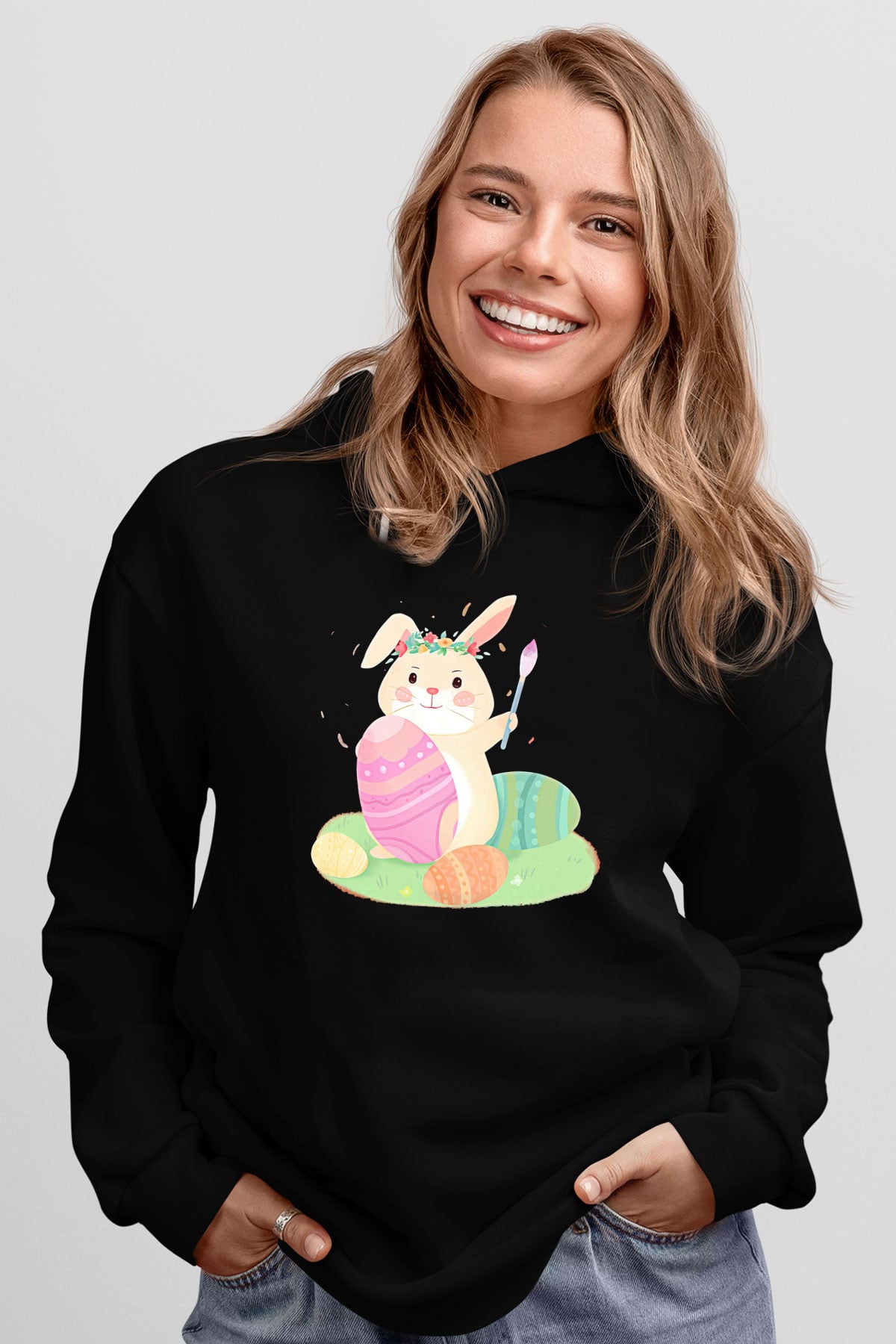 Paskalya Baskılı Unisex Siyah Hoodie