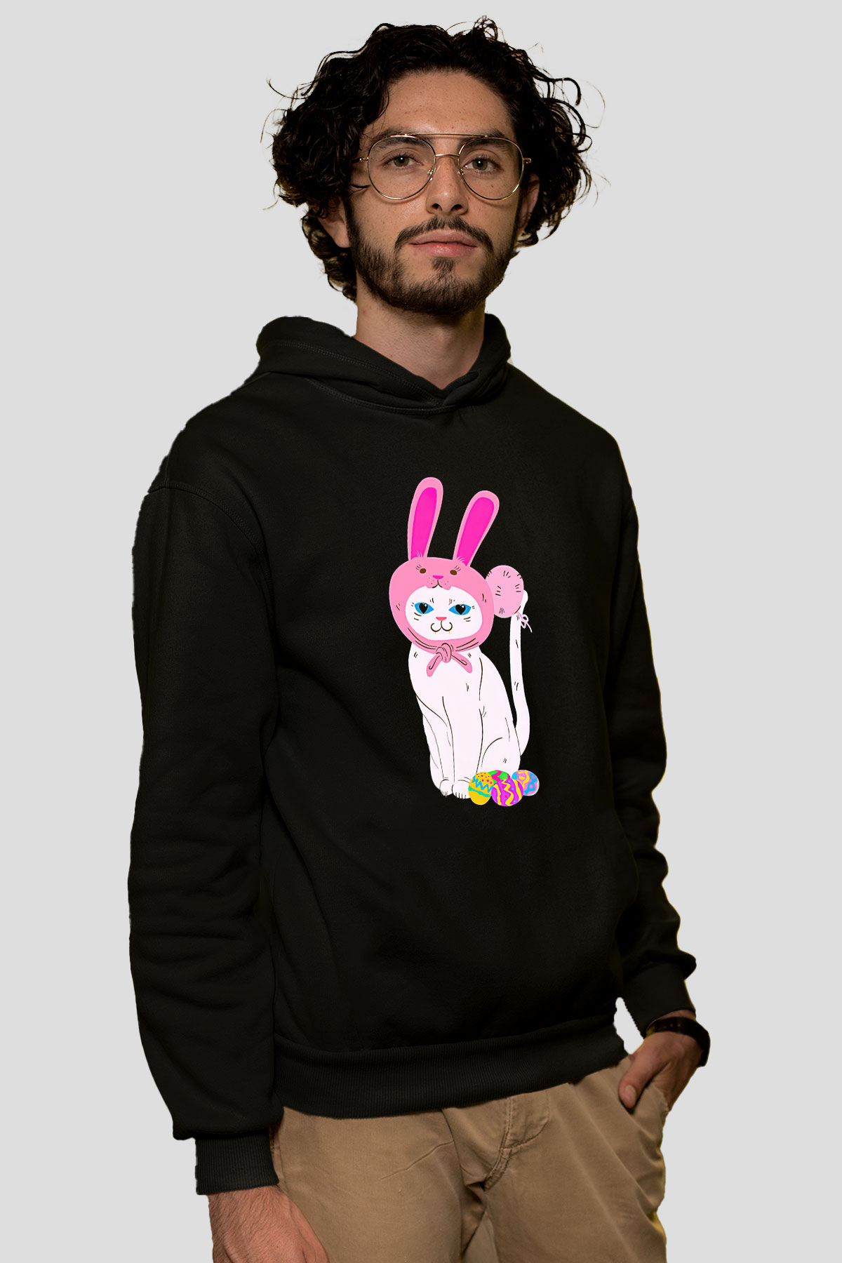 Paskalya Baskılı Unisex Siyah Hoodie