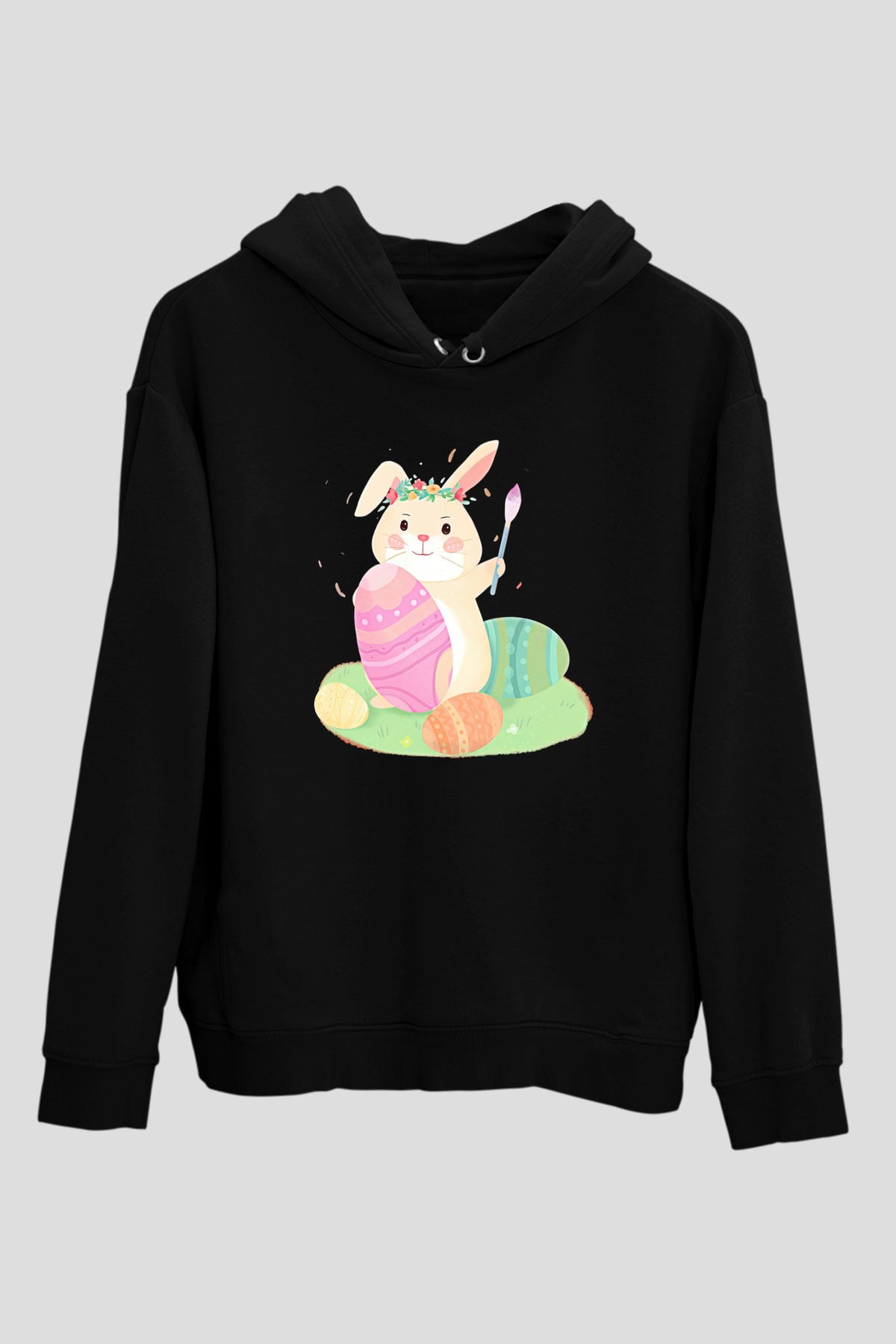 Paskalya Baskılı Unisex Siyah Hoodie