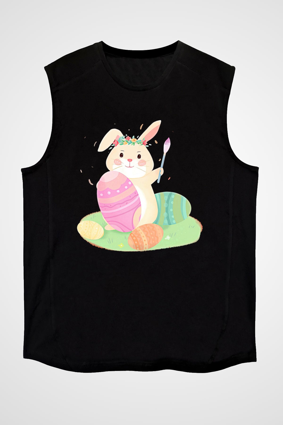 Paskalya Baskılı Unisex Siyah Kolsuz Tişört - Tshirt