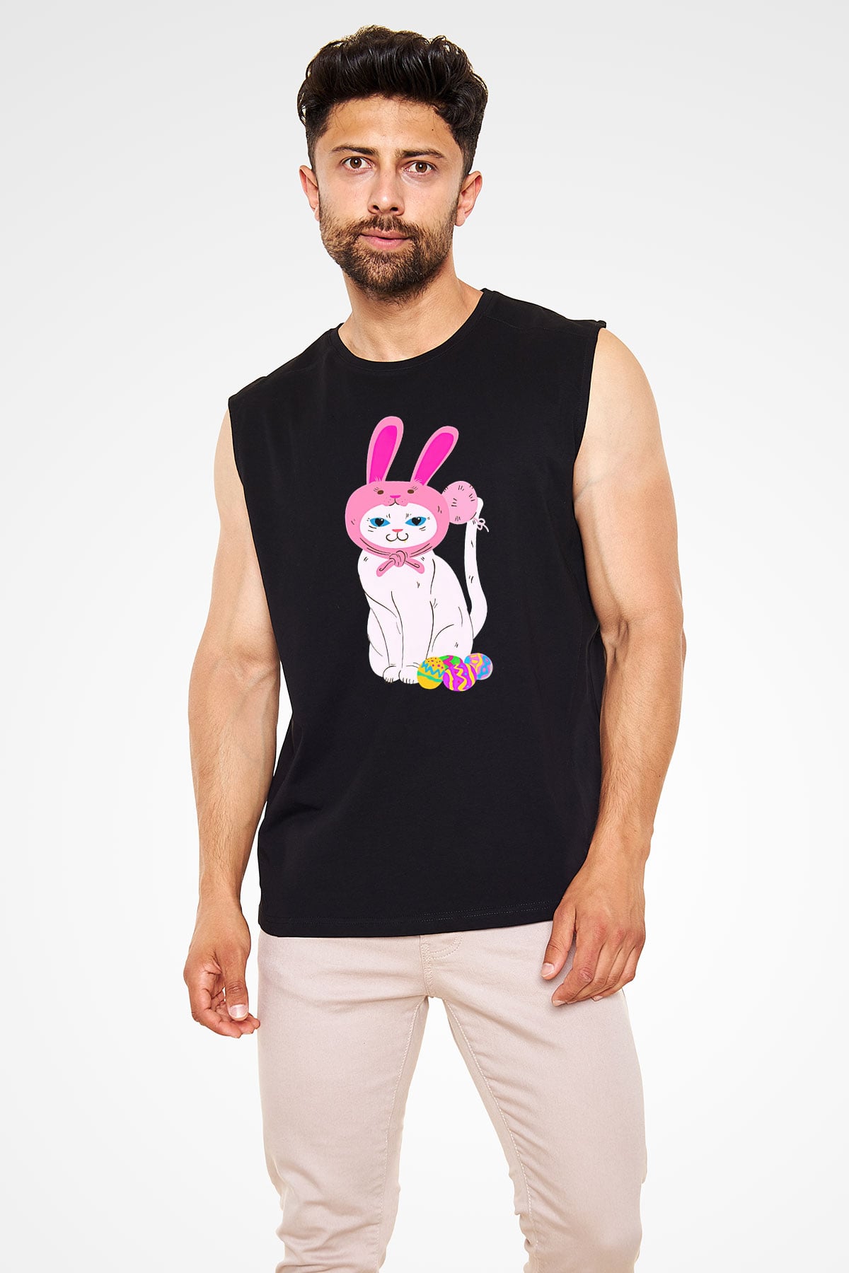 Paskalya Baskılı Unisex Siyah Kolsuz Tişört - Tshirt