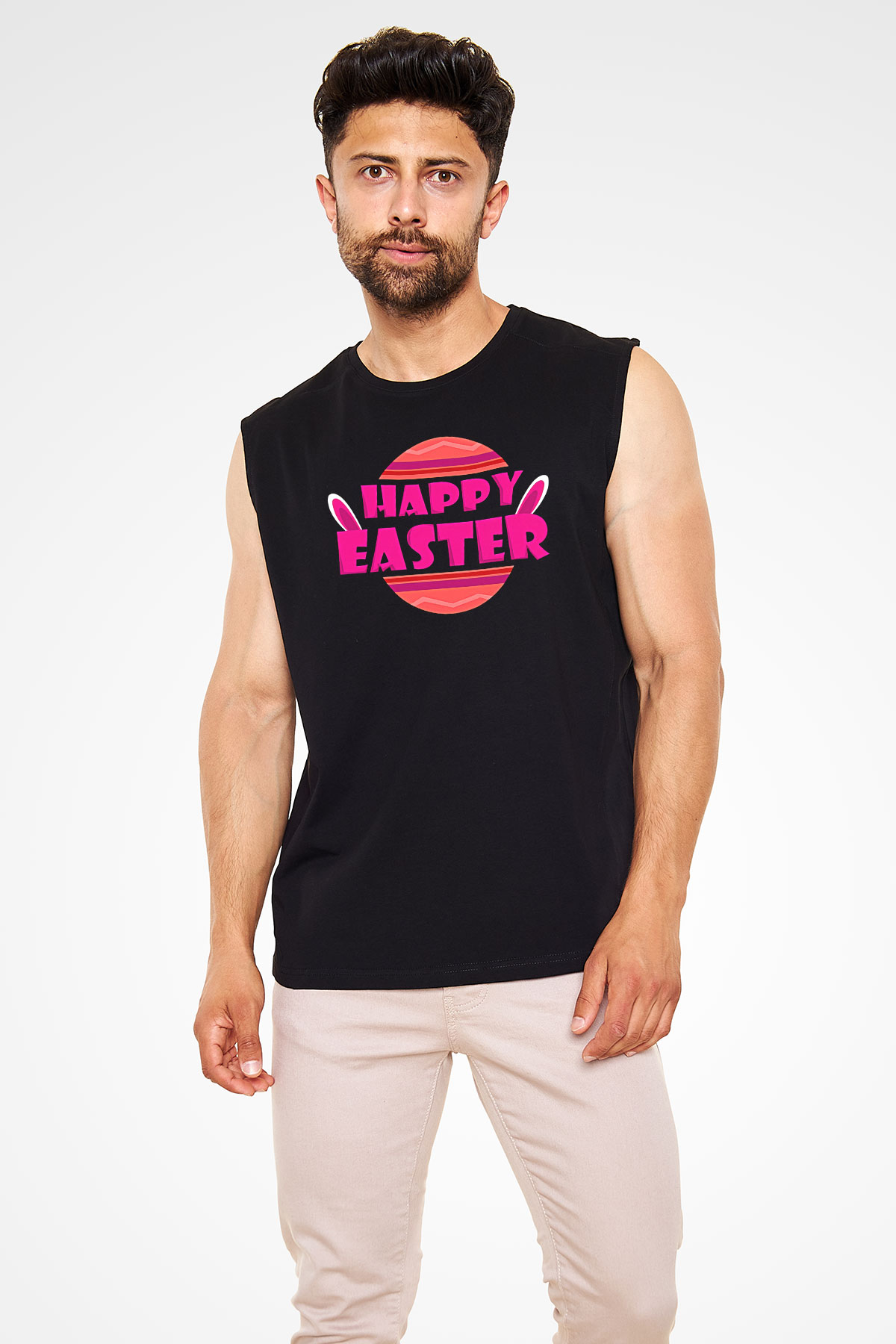Paskalya Baskılı Unisex Siyah Kolsuz Tişört - Tshirt
