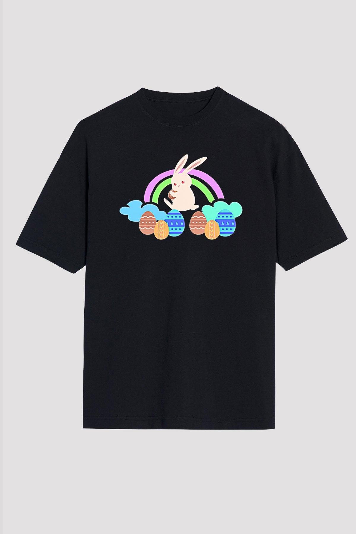 Paskalya Baskılı Unisex Siyah Oversize Tişört - Tshirt