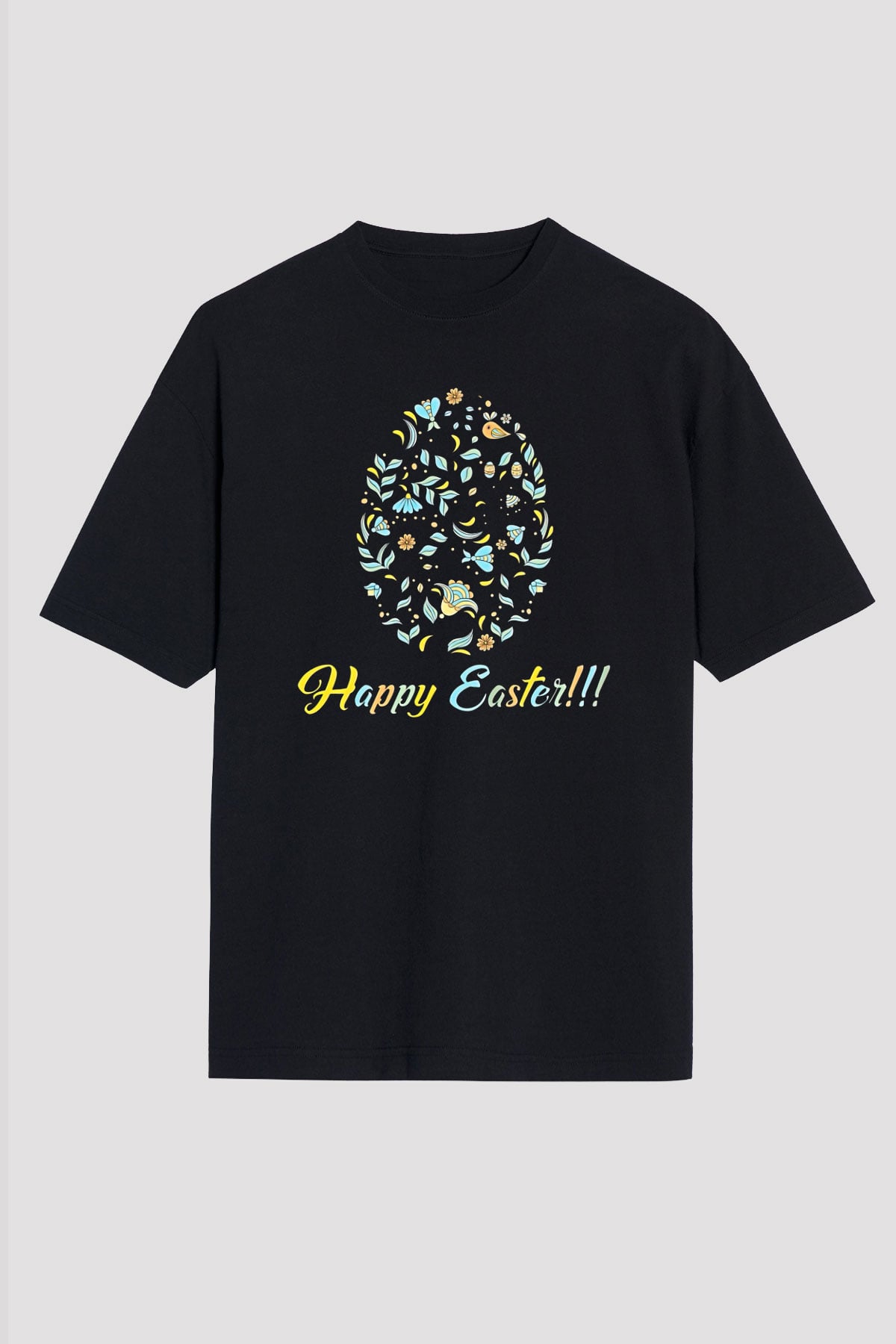 Paskalya Baskılı Unisex Siyah Oversize Tişört - Tshirt