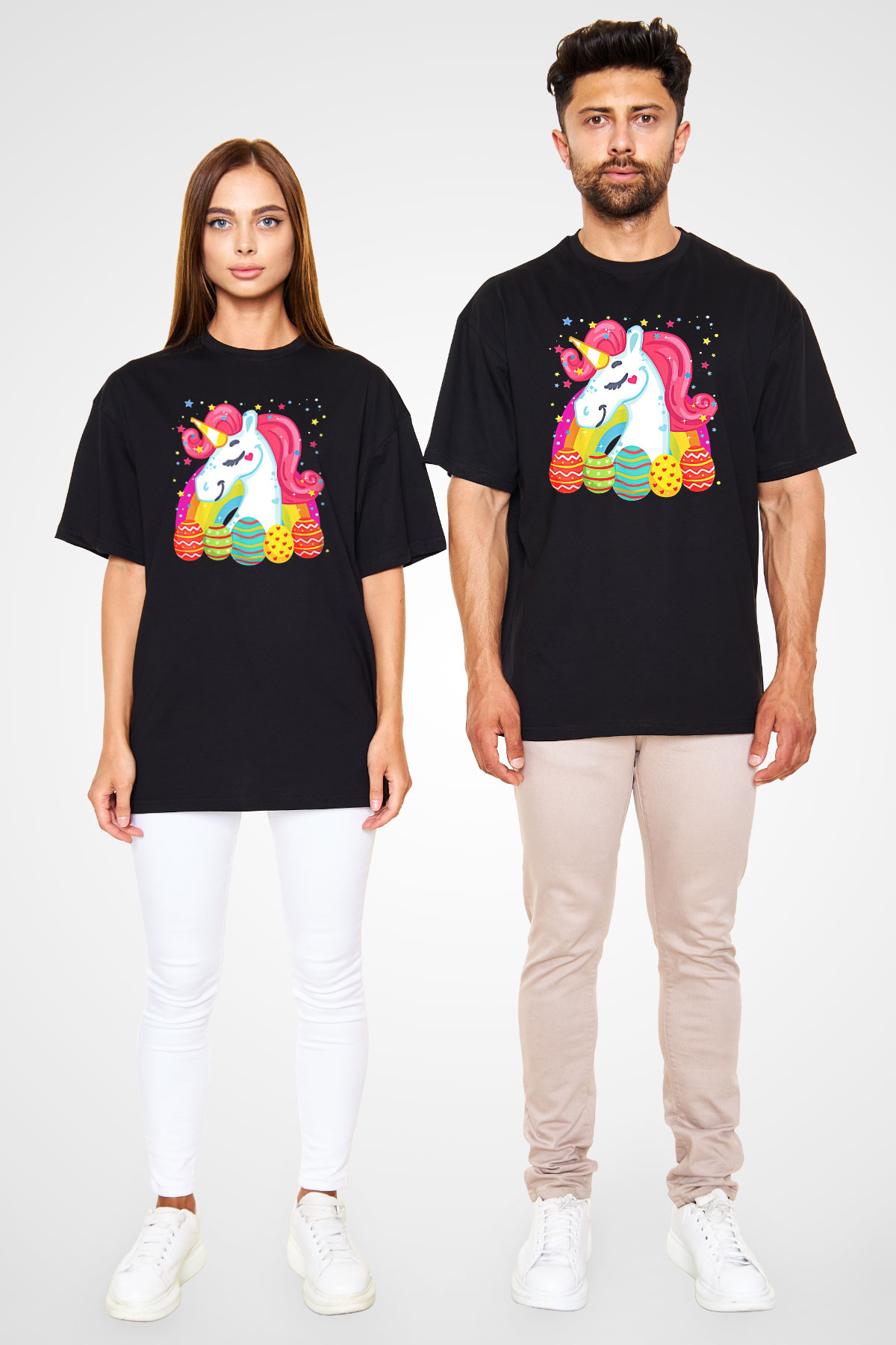 Paskalya Baskılı Unisex Siyah Oversize Tişört - Tshirt