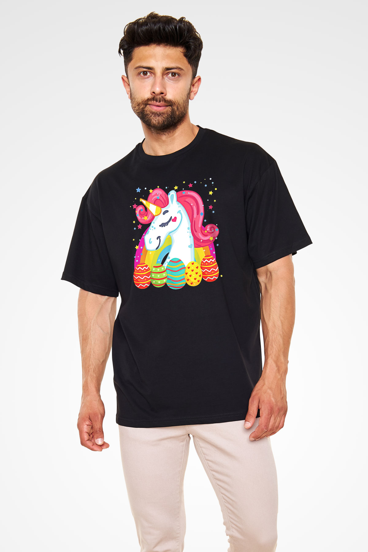 Paskalya Baskılı Unisex Siyah Oversize Tişört - Tshirt