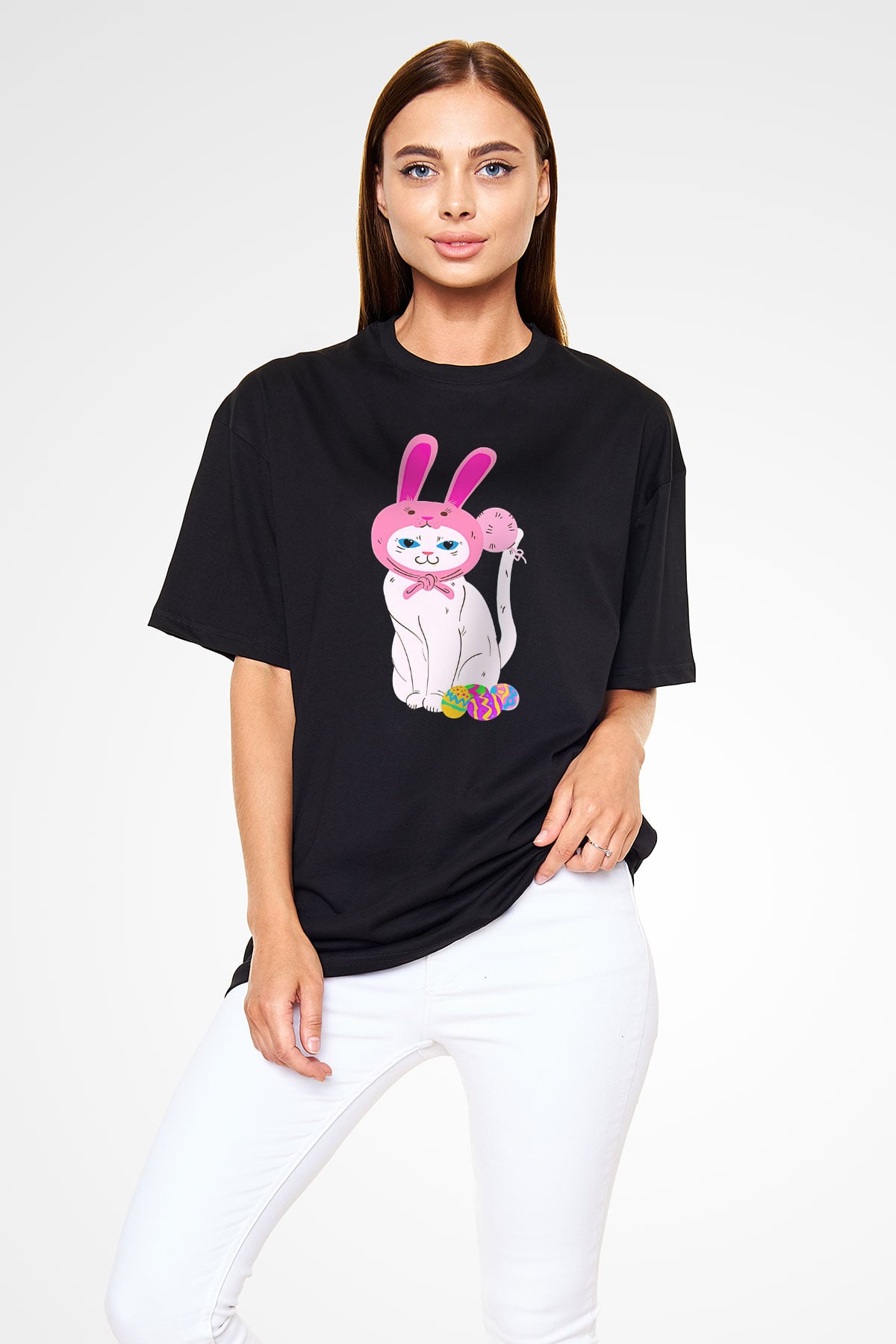 Paskalya Baskılı Unisex Siyah Oversize Tişört - Tshirt