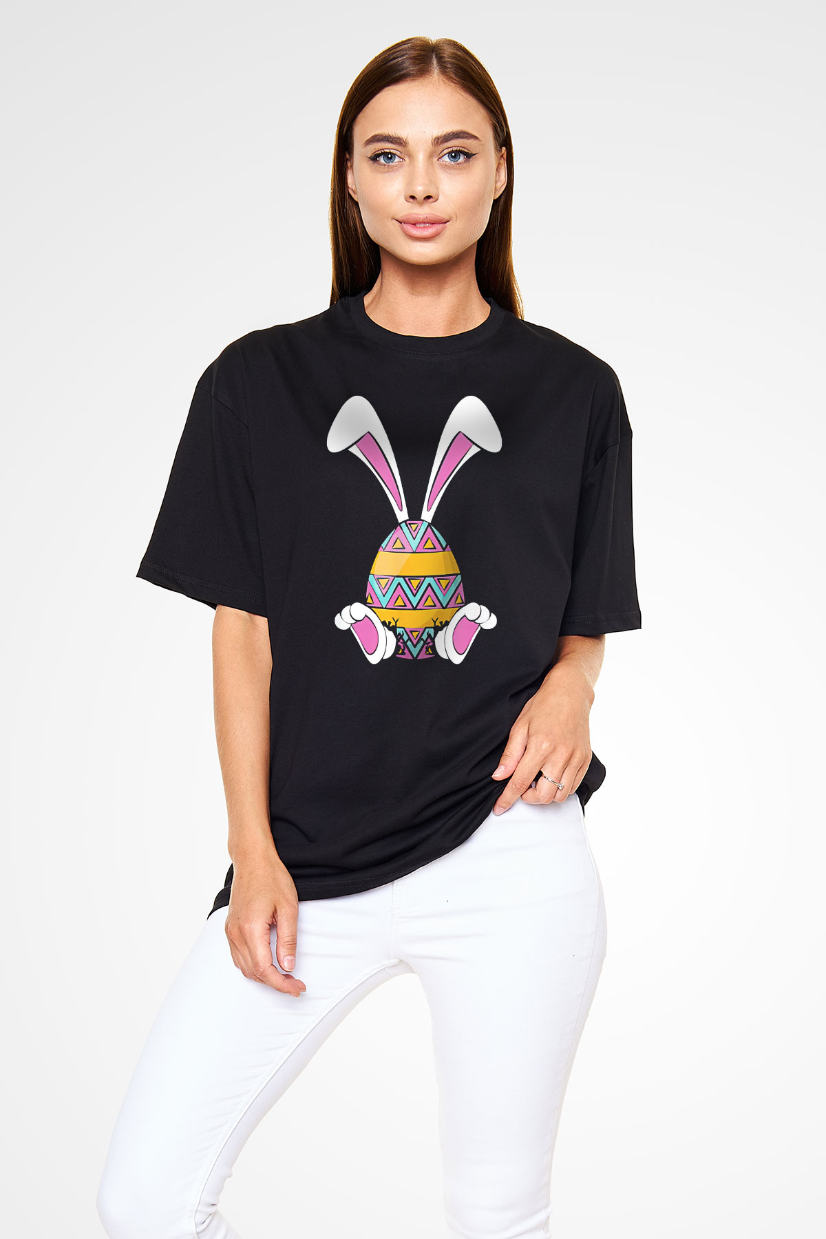 Paskalya Baskılı Unisex Siyah Oversize Tişört - Tshirt