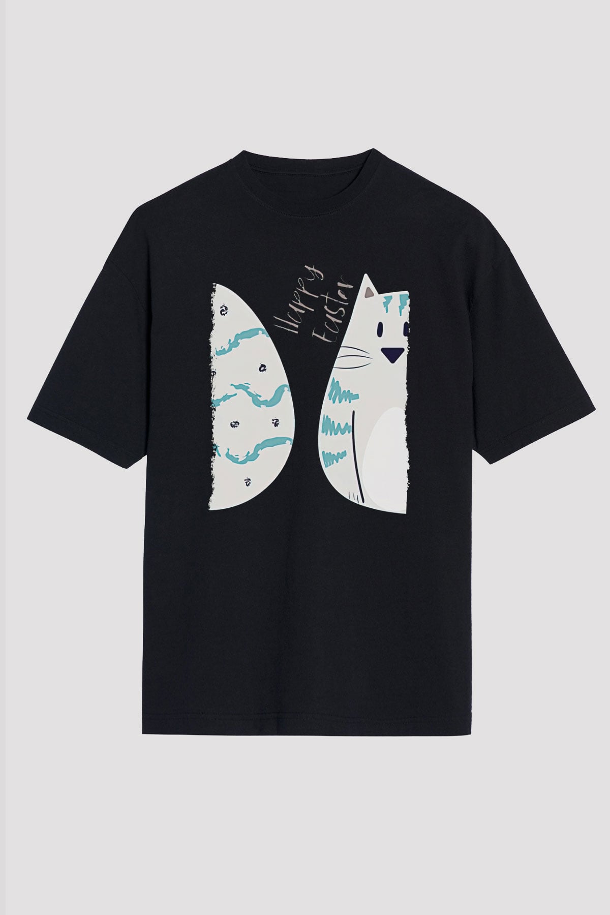 Paskalya Baskılı Unisex Siyah Oversize Tişört - Tshirt