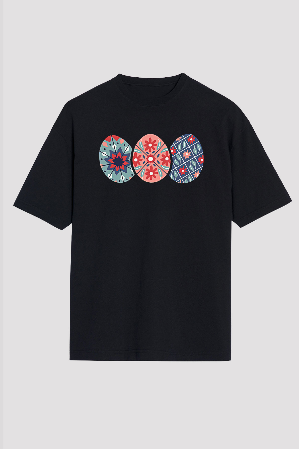 Paskalya Baskılı Unisex Siyah Oversize Tişört - Tshirt