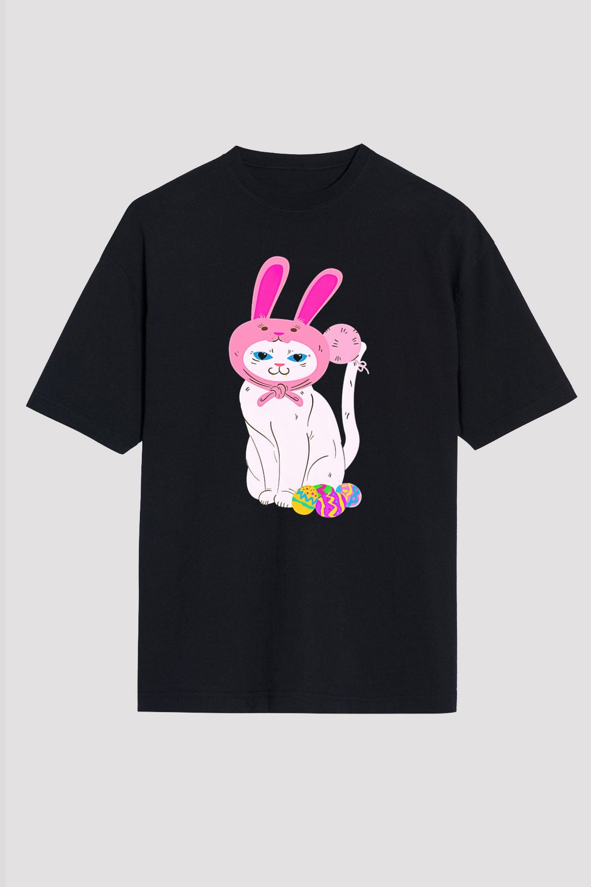 Paskalya Baskılı Unisex Siyah Oversize Tişört - Tshirt