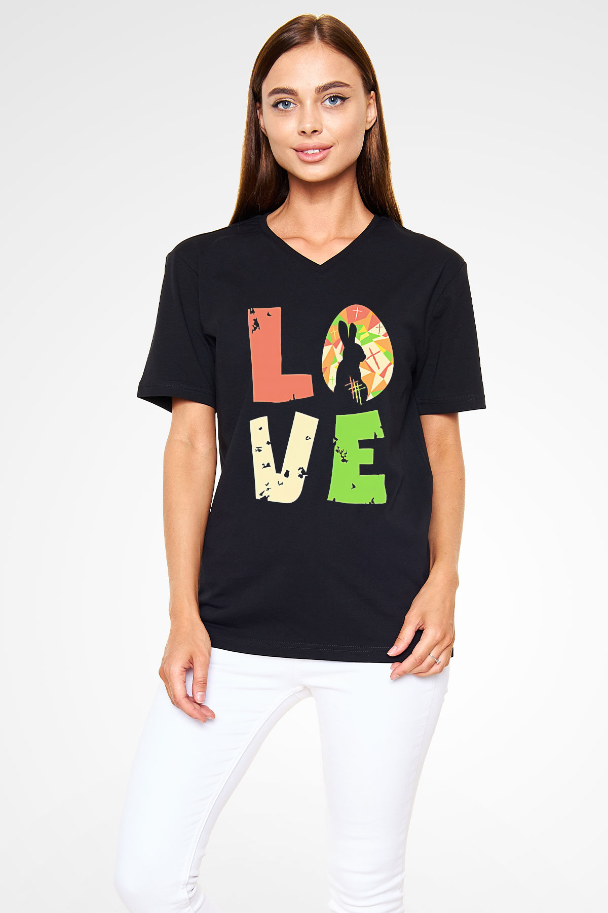 Paskalya Baskılı Unisex Siyah V Yaka Tişört - Tshirt