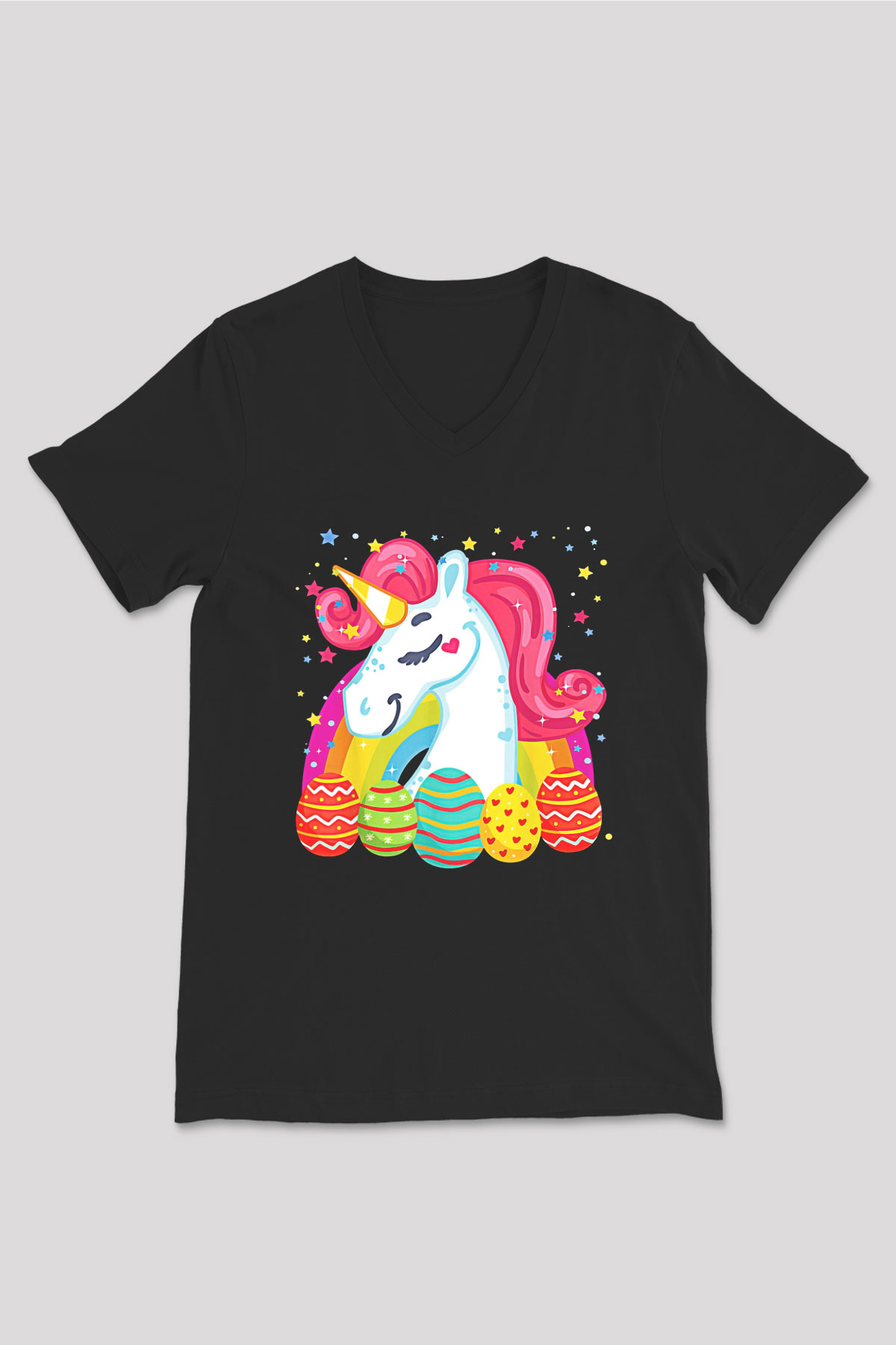 Paskalya Baskılı Unisex Siyah V Yaka Tişört - Tshirt