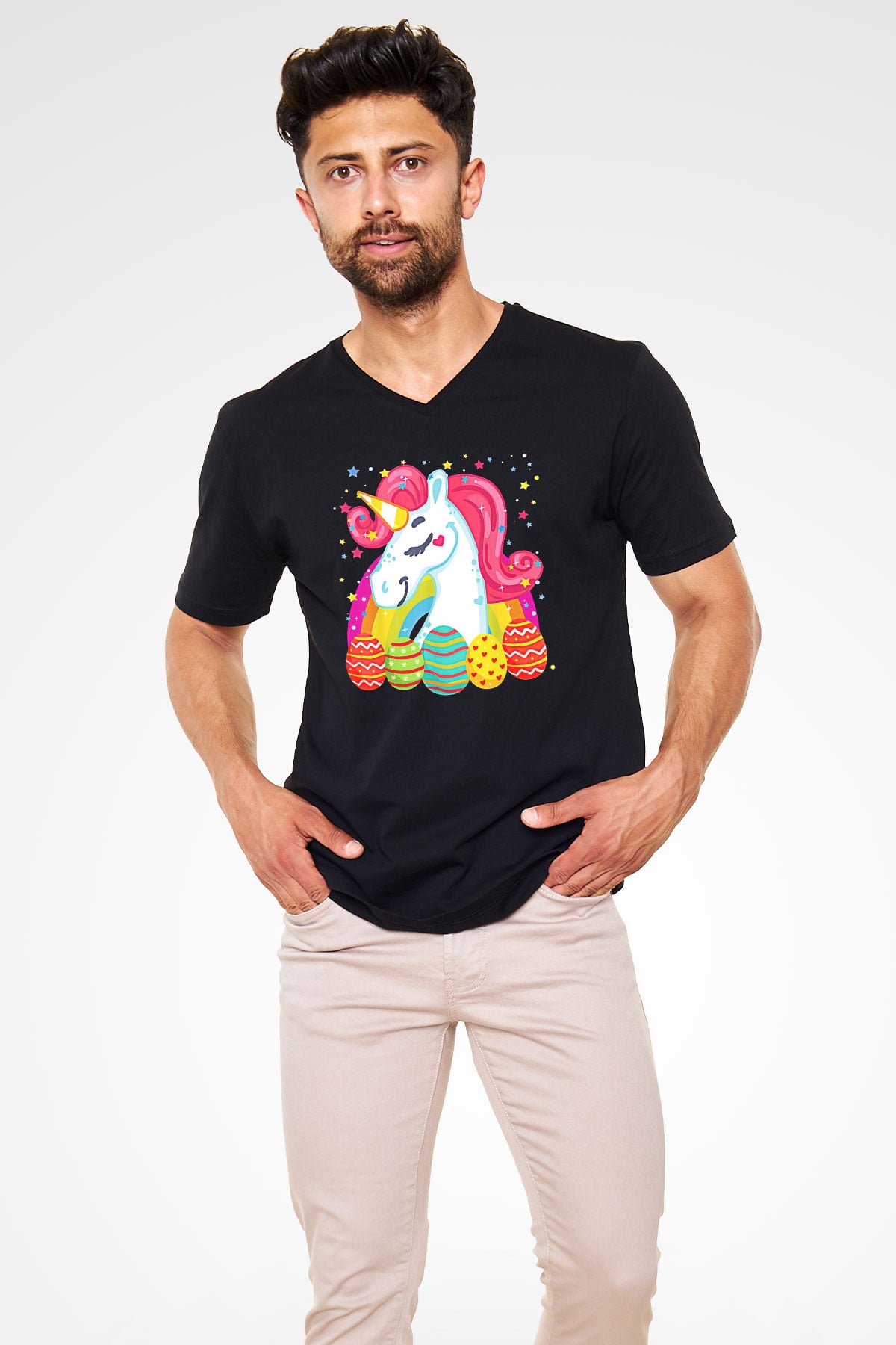 Paskalya Baskılı Unisex Siyah V Yaka Tişört - Tshirt