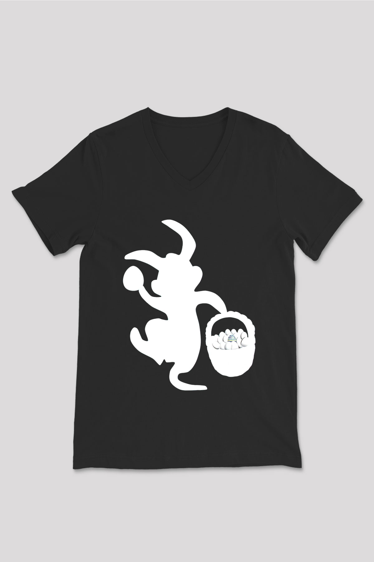 Paskalya Baskılı Unisex Siyah V Yaka Tişört - Tshirt