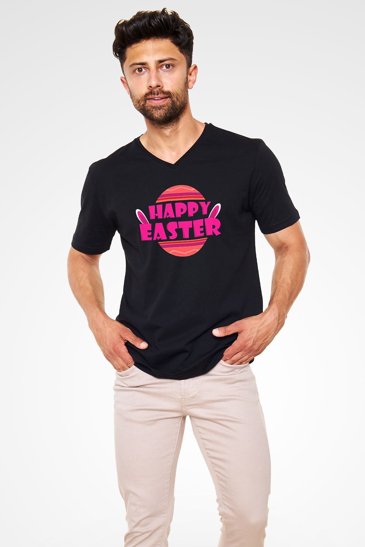 Paskalya Baskılı Unisex Siyah V Yaka Tişört - Tshirt