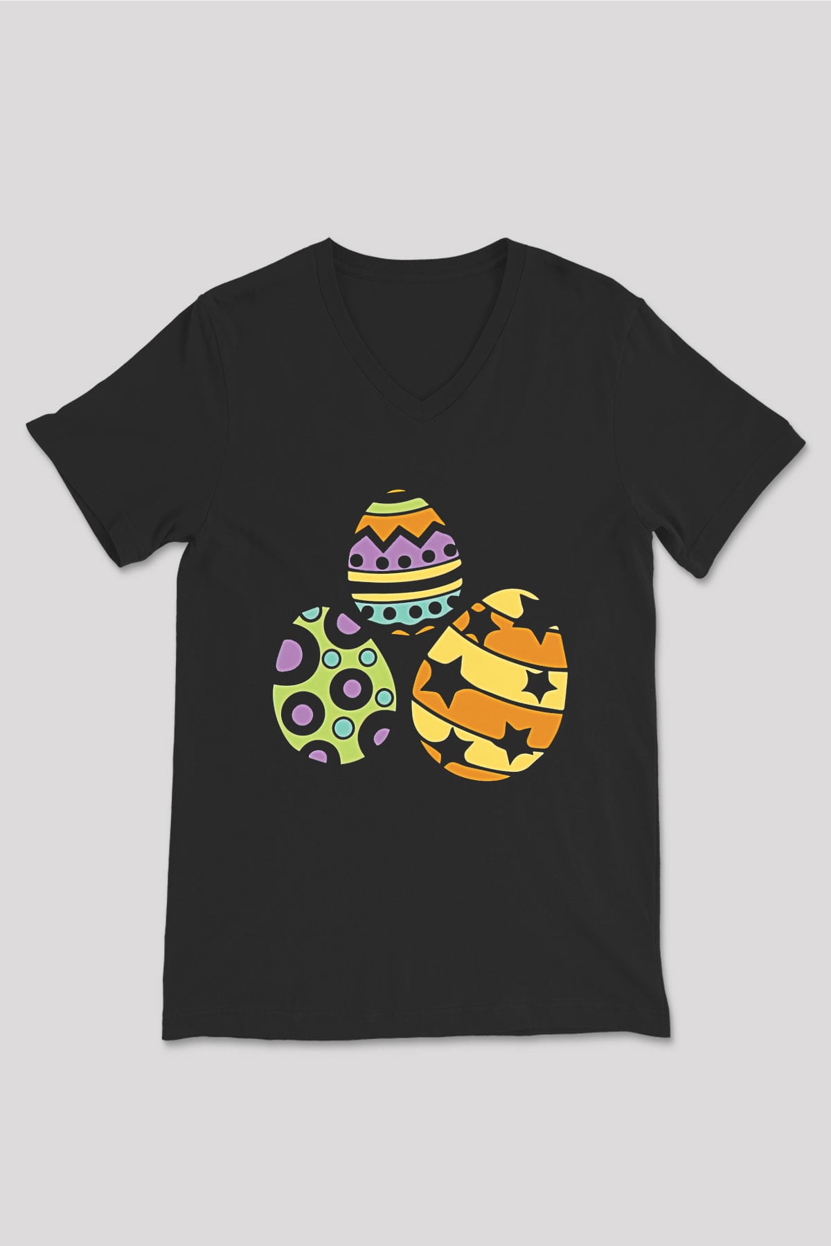 Paskalya Baskılı Unisex Siyah V Yaka Tişört - Tshirt