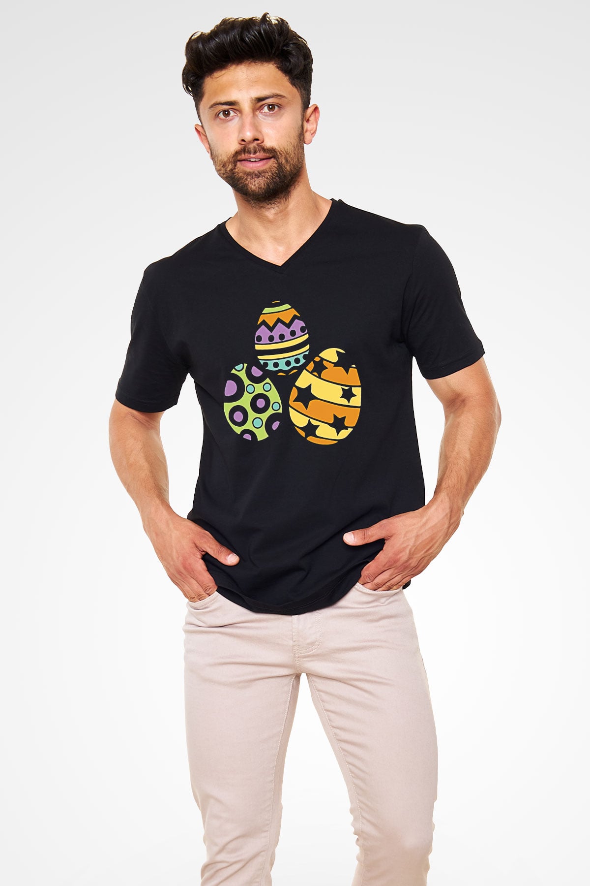 Paskalya Baskılı Unisex Siyah V Yaka Tişört - Tshirt