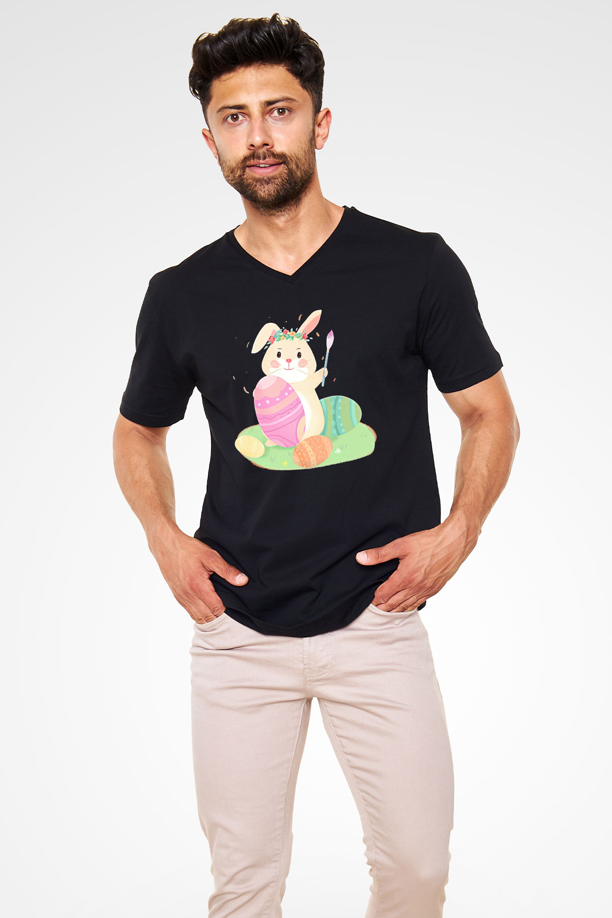 Paskalya Baskılı Unisex Siyah V Yaka Tişört - Tshirt