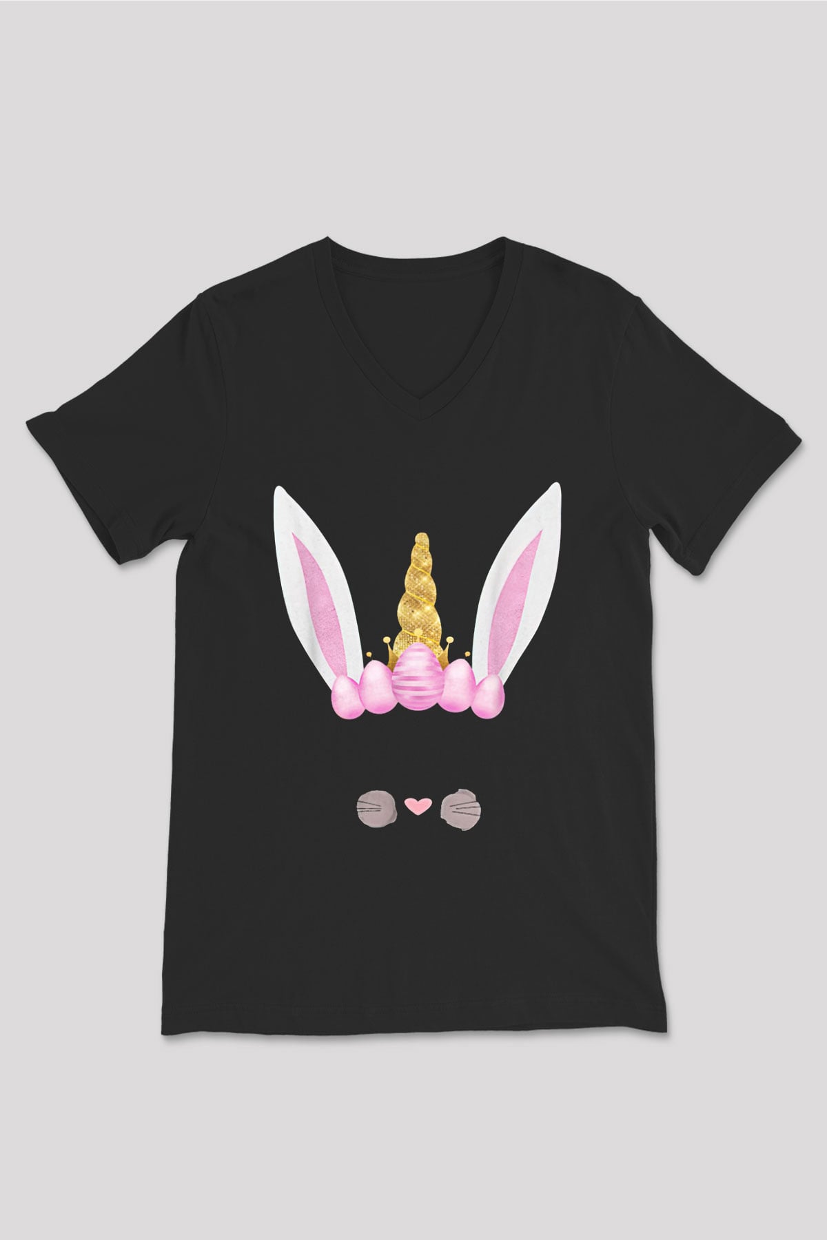 Paskalya Baskılı Unisex Siyah V Yaka Tişört - Tshirt