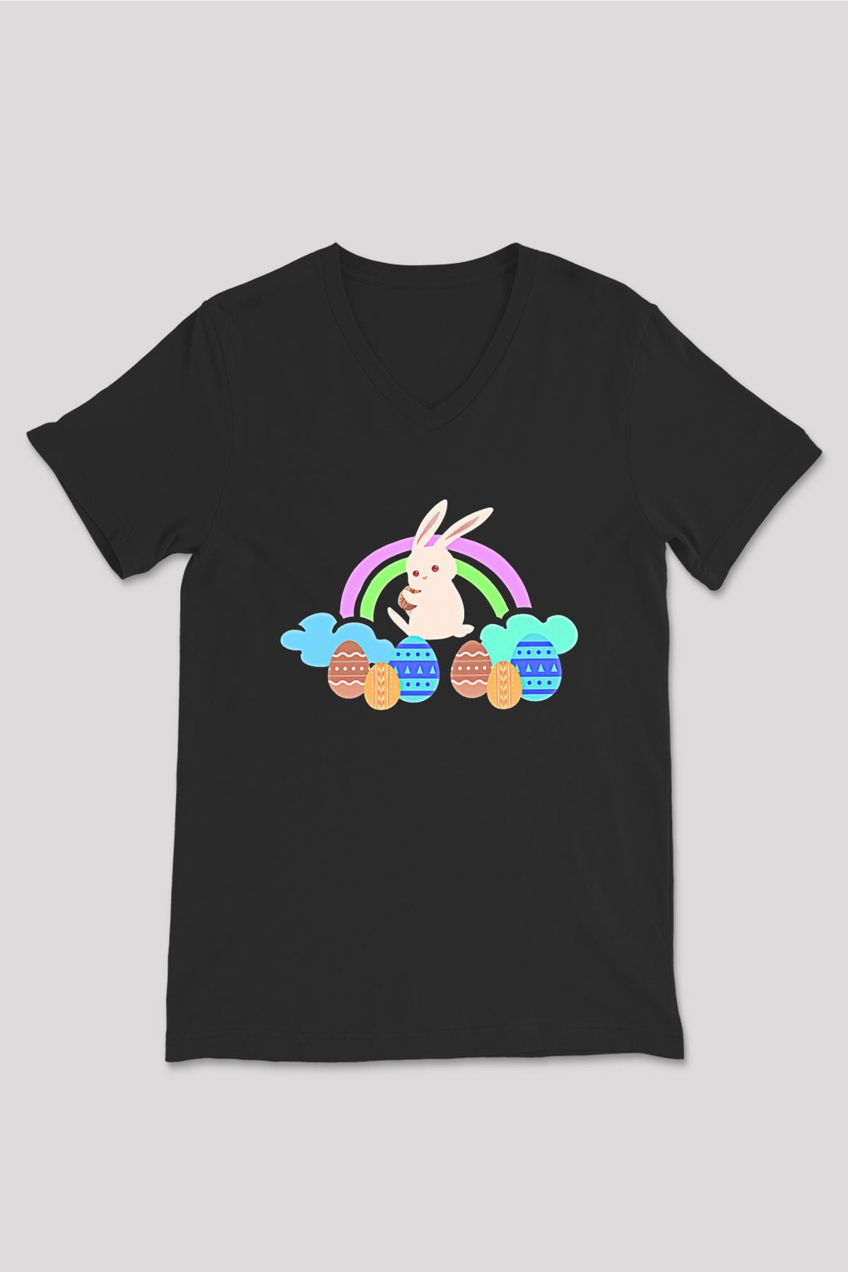 Paskalya Baskılı Unisex Siyah V Yaka Tişört - Tshirt