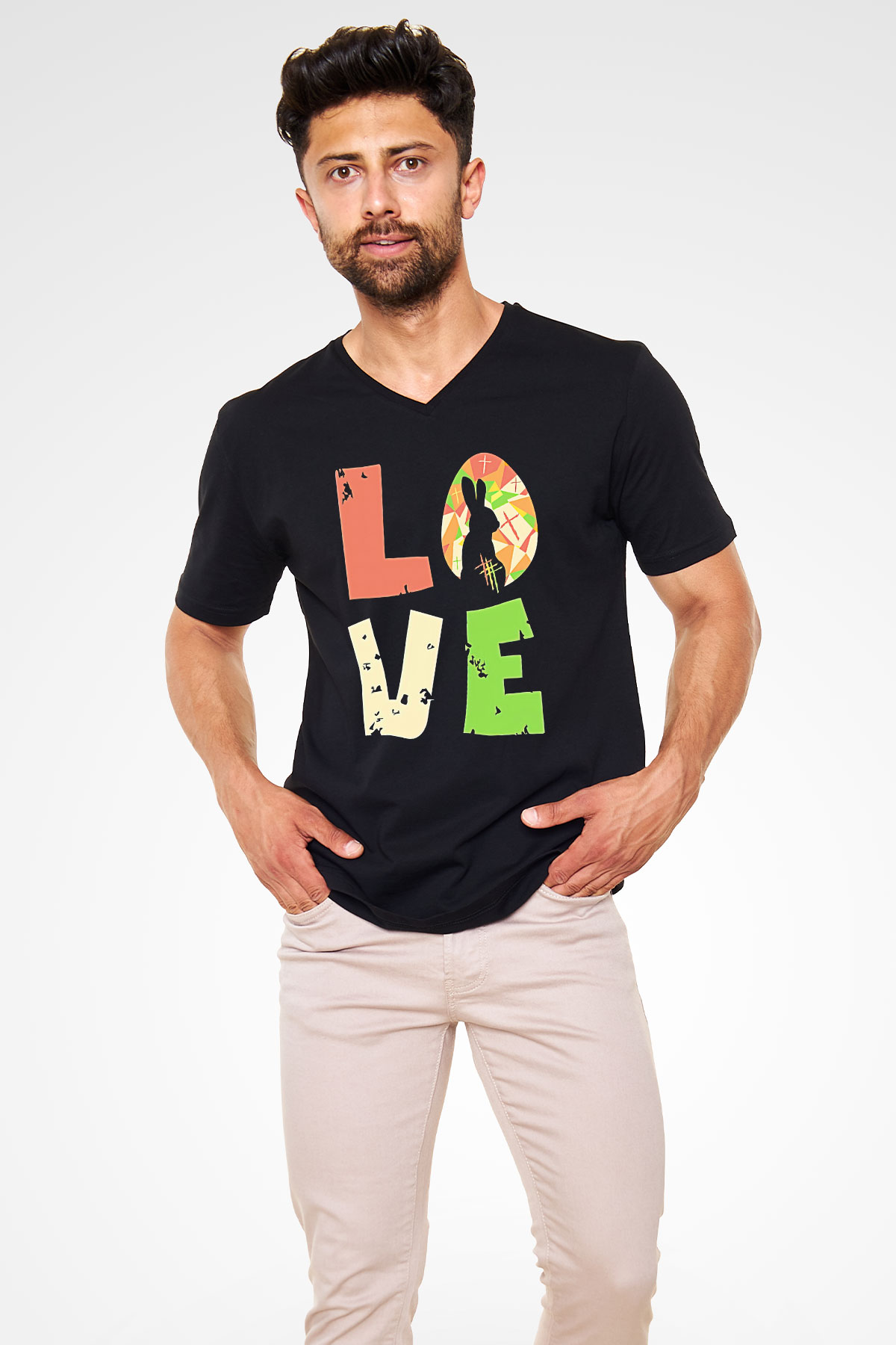 Paskalya Baskılı Unisex Siyah V Yaka Tişört - Tshirt