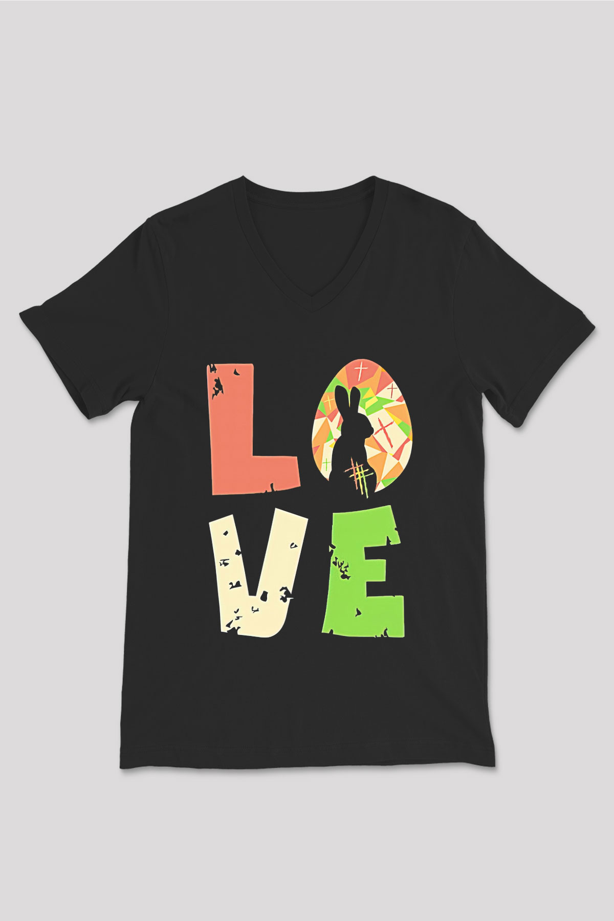 Paskalya Baskılı Unisex Siyah V Yaka Tişört - Tshirt