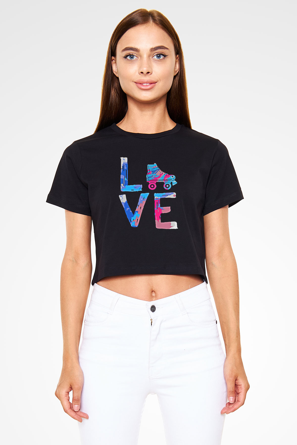 Paten Baskılı Crop Top Siyah Kadın Tişört - Tshirt