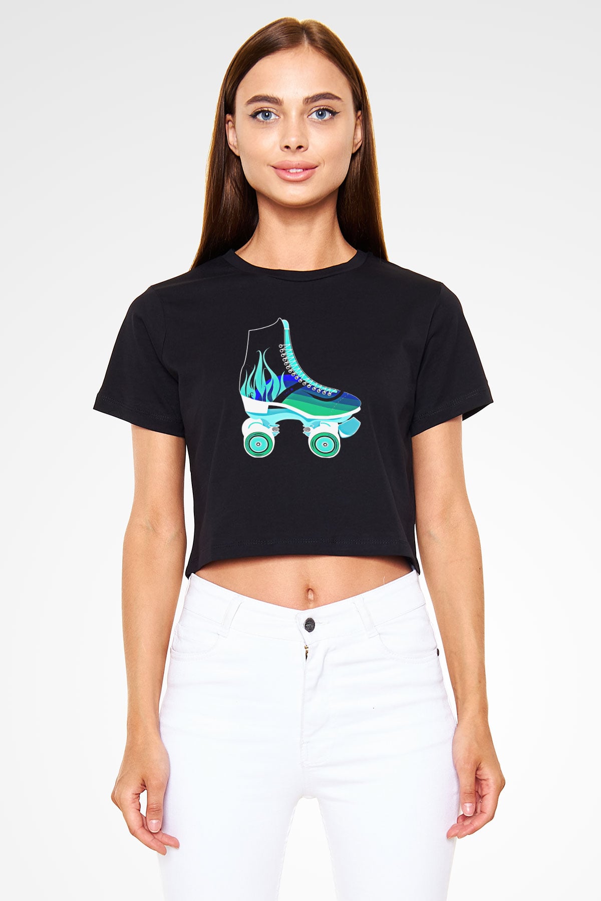 Paten Baskılı Crop Top Siyah Kadın Tişört - Tshirt