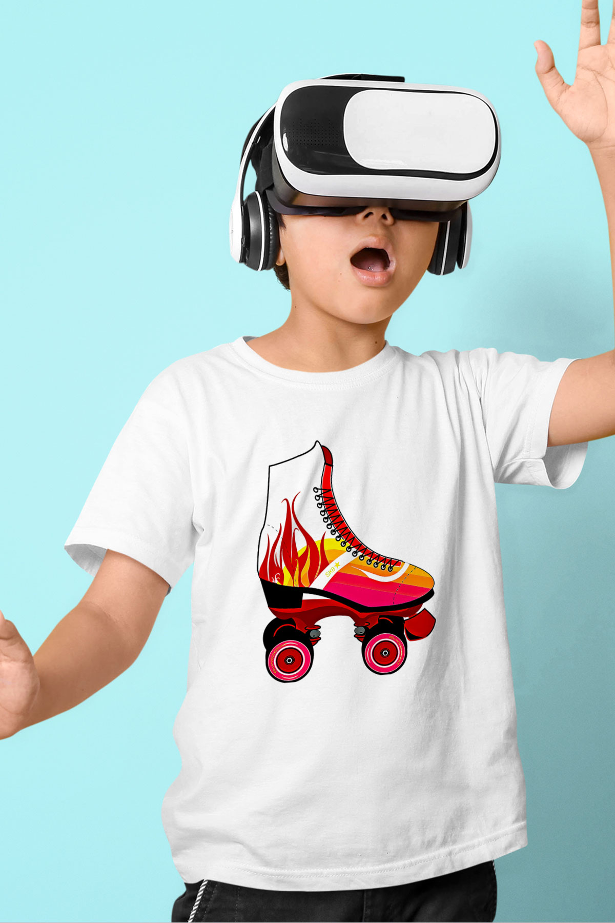 Paten Baskılı Unisex Beyaz Çocuk Tişört - Tshirt