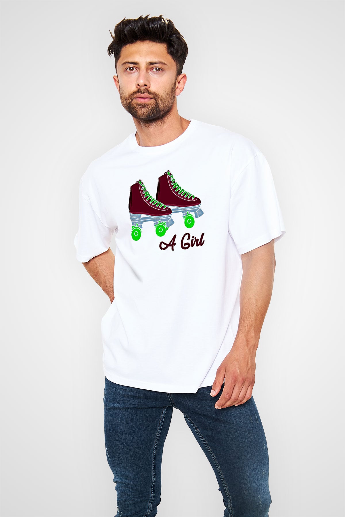 Paten Baskılı Unisex Beyaz Oversize Tişört - Tshirt