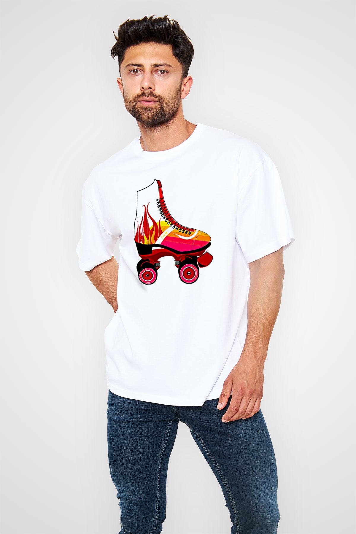 Paten Baskılı Unisex Beyaz Oversize Tişört - Tshirt