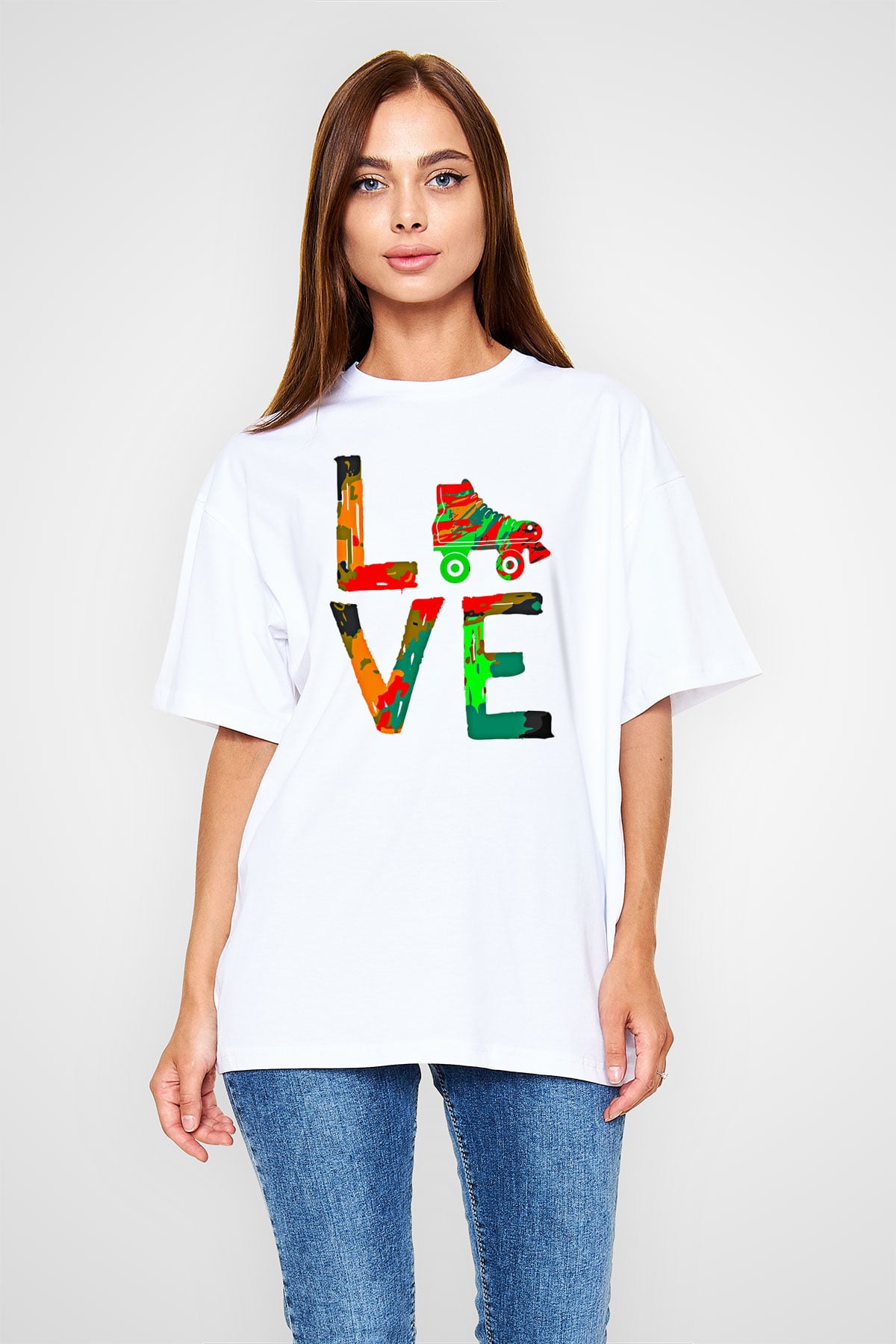 Paten Baskılı Unisex Beyaz Oversize Tişört - Tshirt