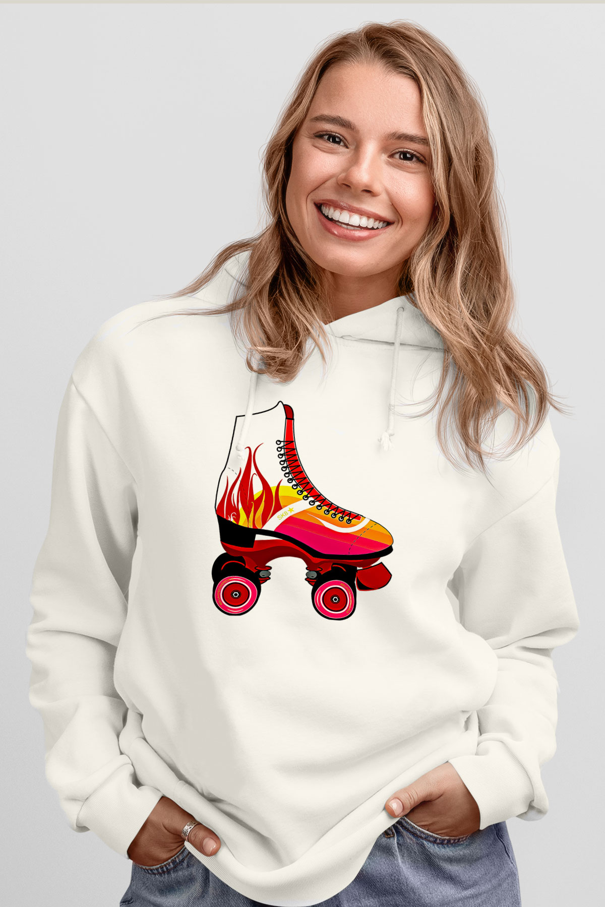 Paten Baskılı Unisex Ekru Hoodie