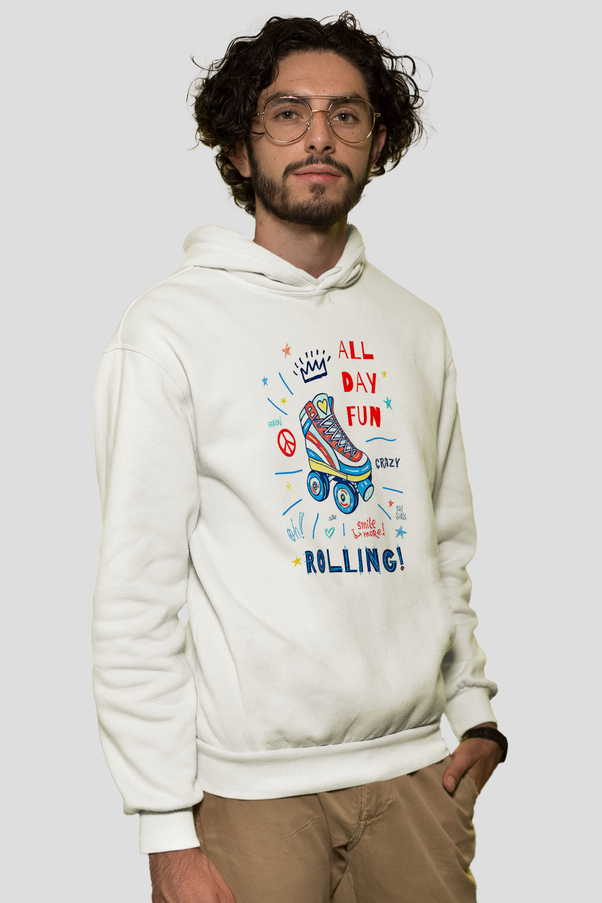 Paten Baskılı Unisex Ekru Hoodie