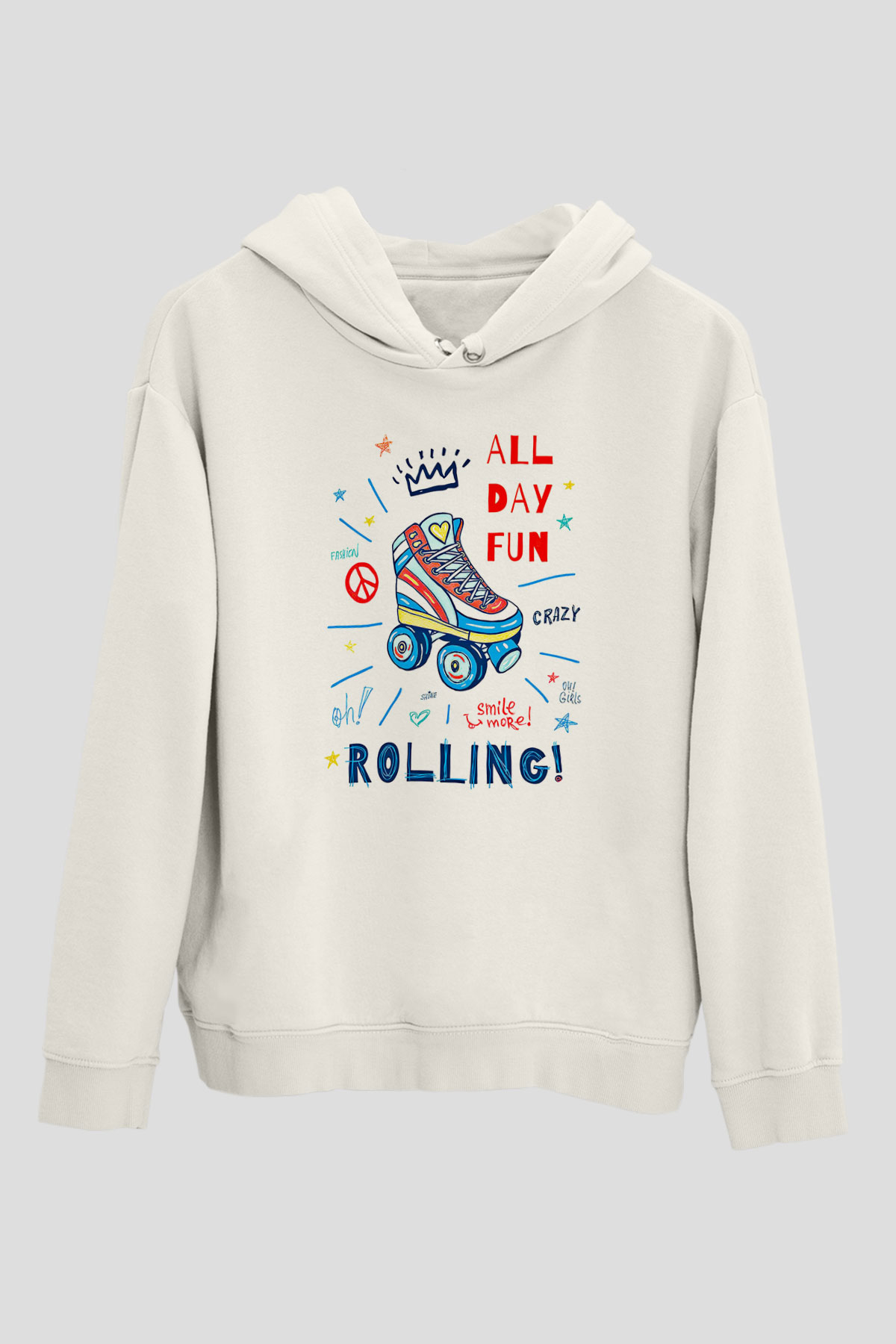 Paten Baskılı Unisex Ekru Hoodie