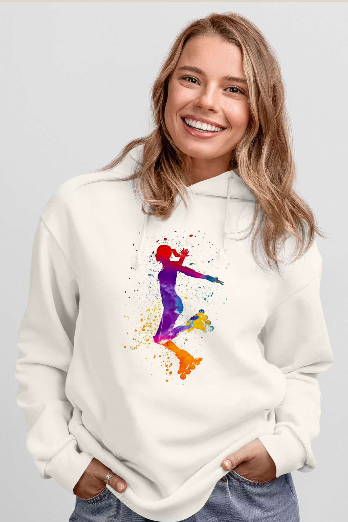 Paten Baskılı Unisex Ekru Hoodie