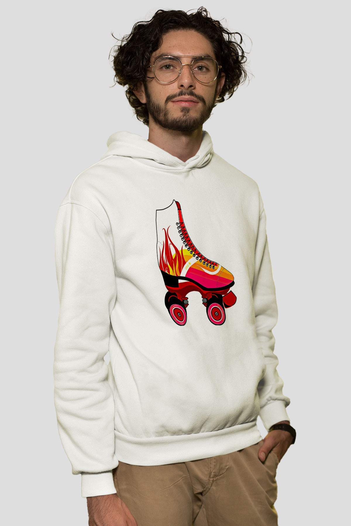 Paten Baskılı Unisex Ekru Hoodie