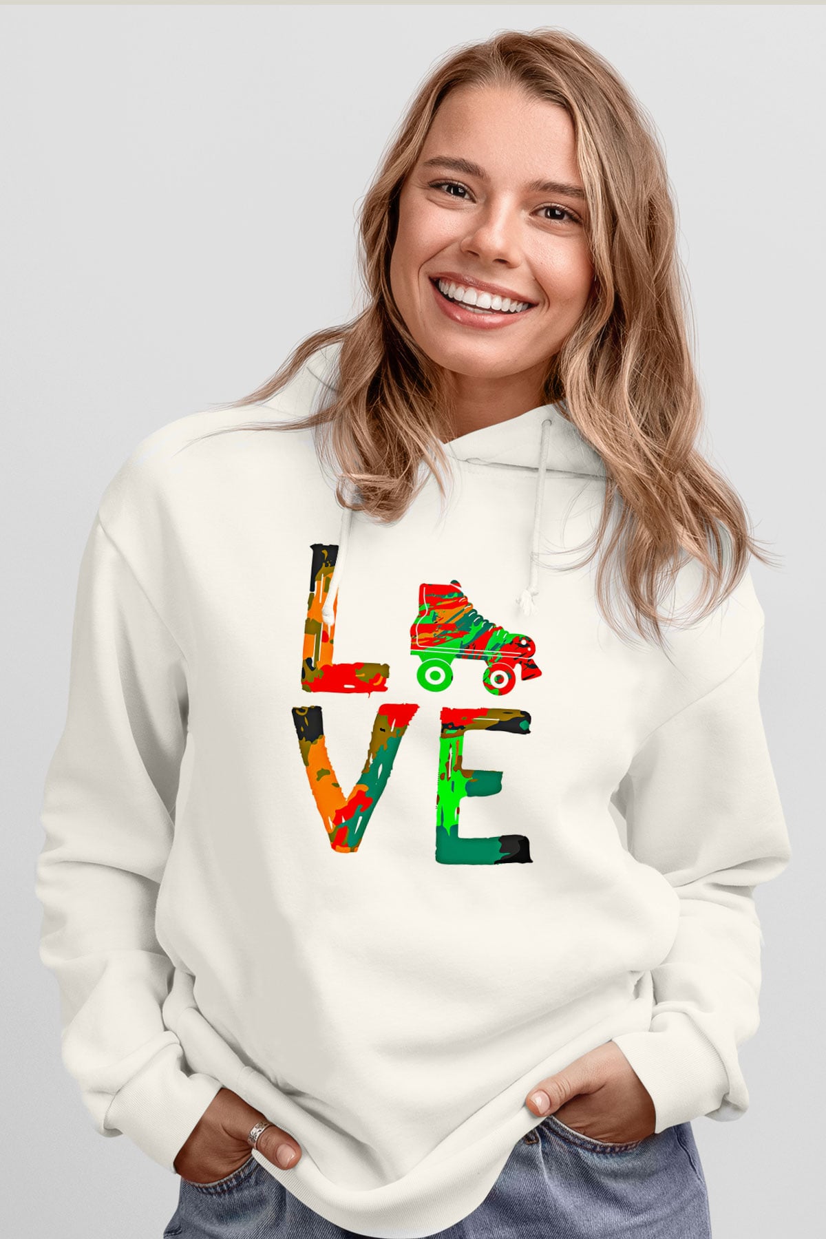 Paten Baskılı Unisex Ekru Hoodie