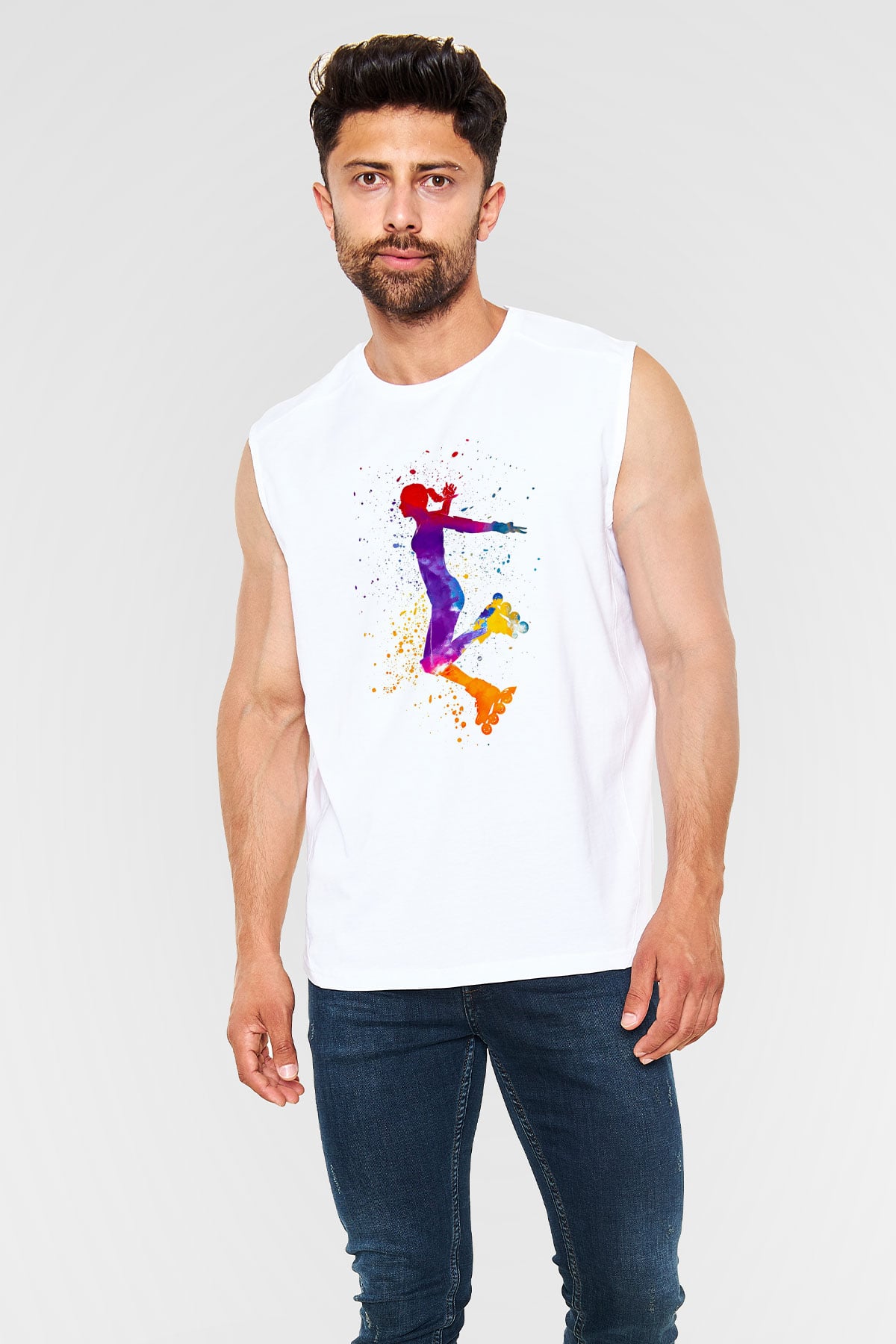 Paten Baskılı Unisex Kolsuz Beyaz Tişört