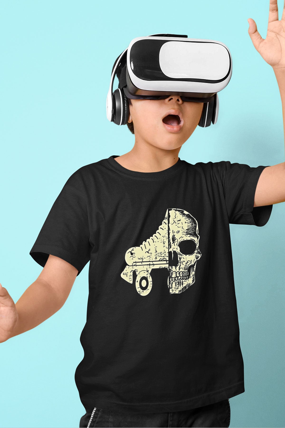 Paten Baskılı Unisex Siyah Çocuk Tİşörtü - Tshirt