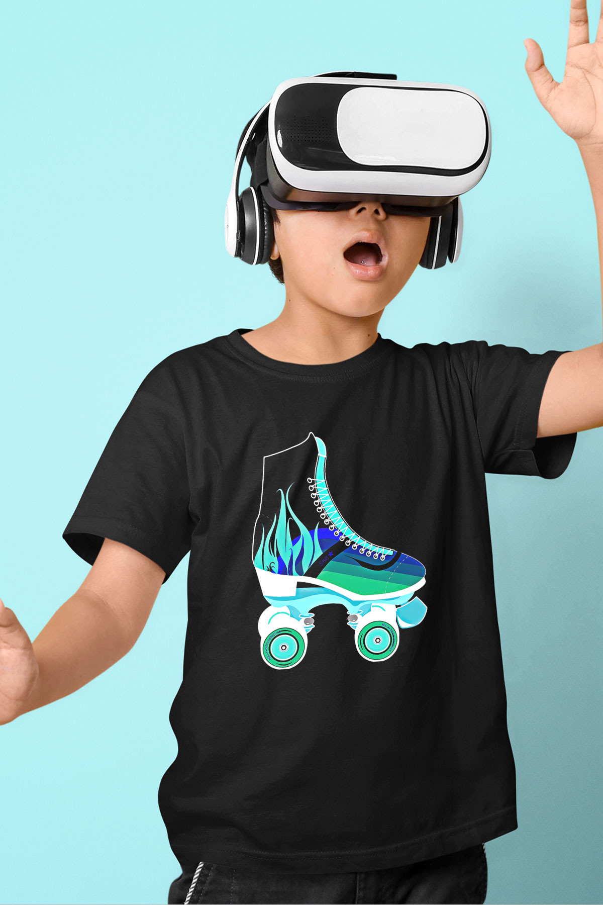 Paten Baskılı Unisex Siyah Çocuk Tİşörtü - Tshirt