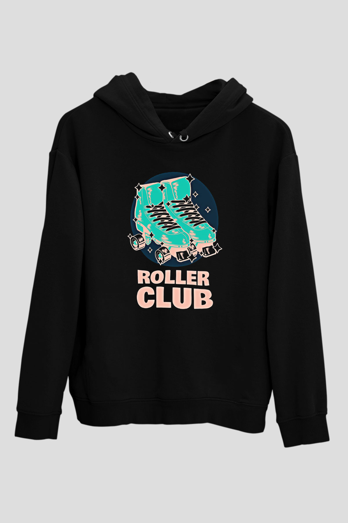 Paten Baskılı Unisex Siyah Kapüşonlu Sweatshirt