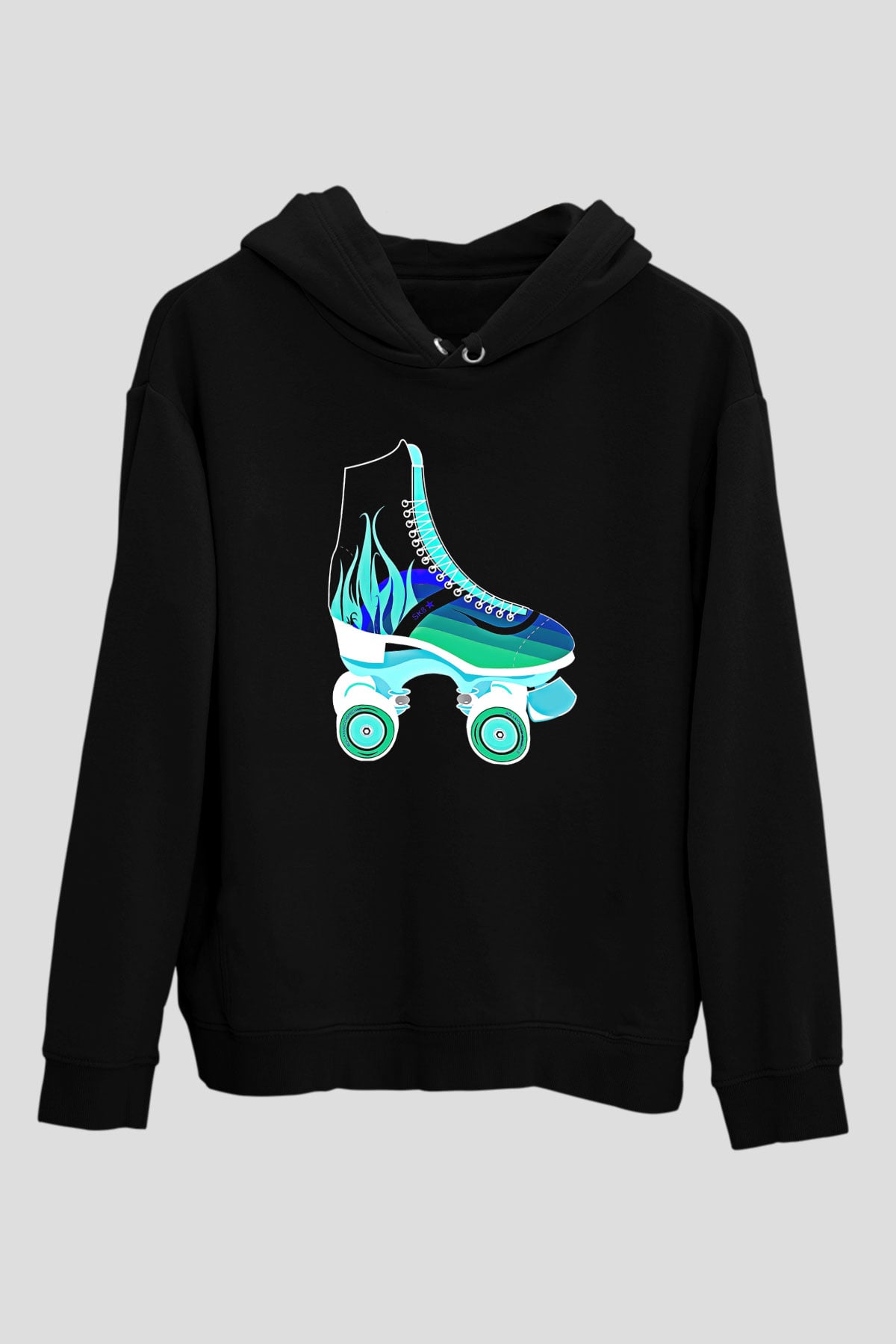 Paten Baskılı Unisex Siyah Kapüşonlu Sweatshirt
