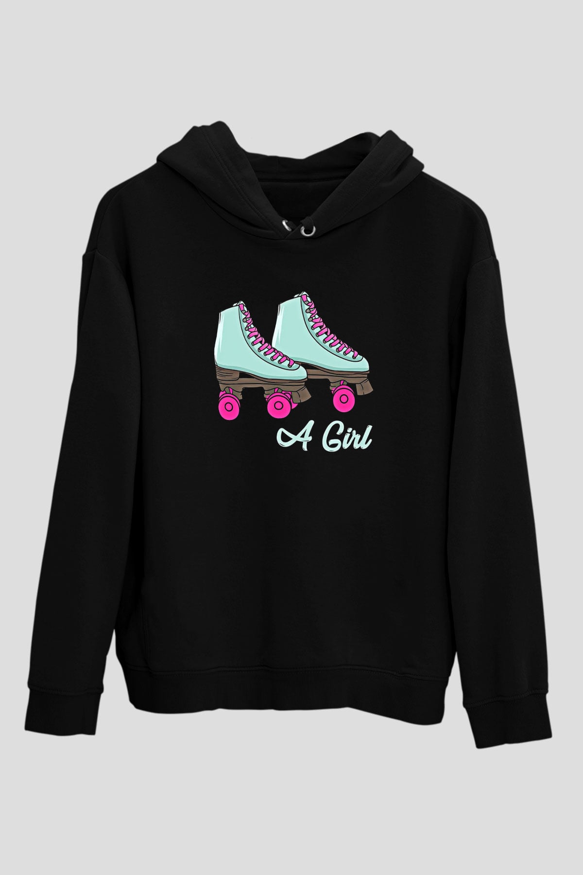 Paten Baskılı Unisex Siyah Kapüşonlu Sweatshirt