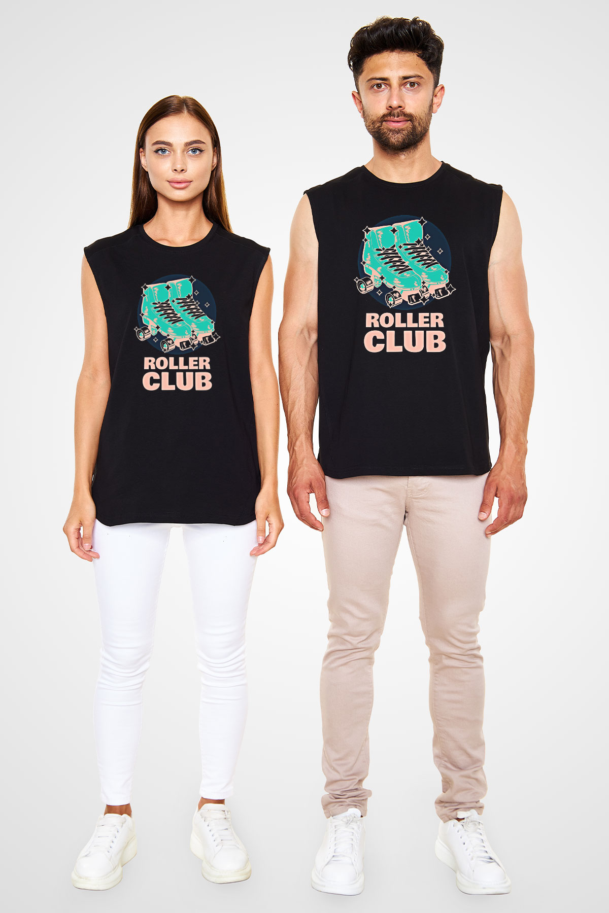 Paten Baskılı Unisex Siyah Kolsuz Tişört