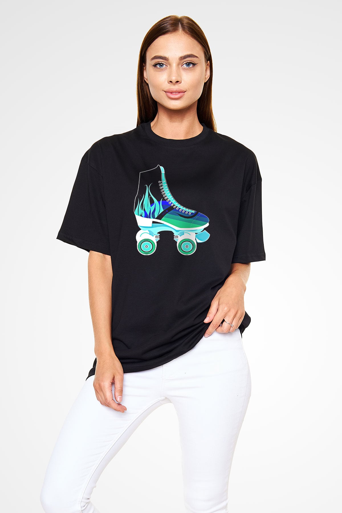 Paten Baskılı Unisex Siyah Oversize Tişört