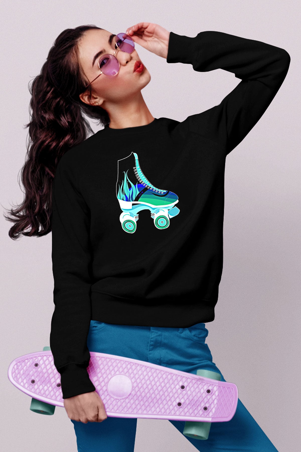 Paten Baskılı Unisex Siyah Sweatshirt