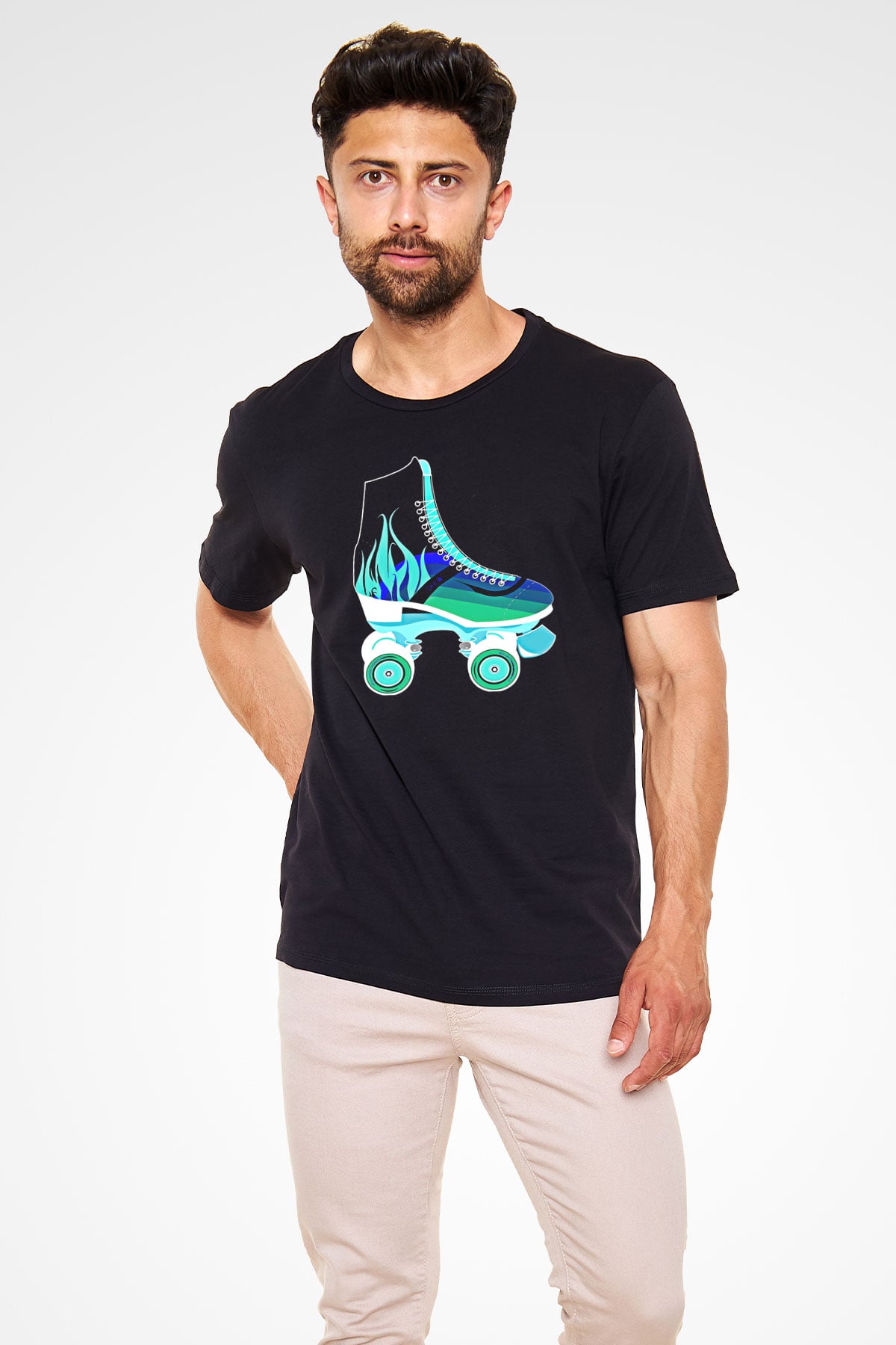 Paten Baskılı Unisex Siyah Tişört - Tshirt